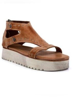 BED|STU Tan Leather Flatform Sandals with Zip Back Size 7 in EUC